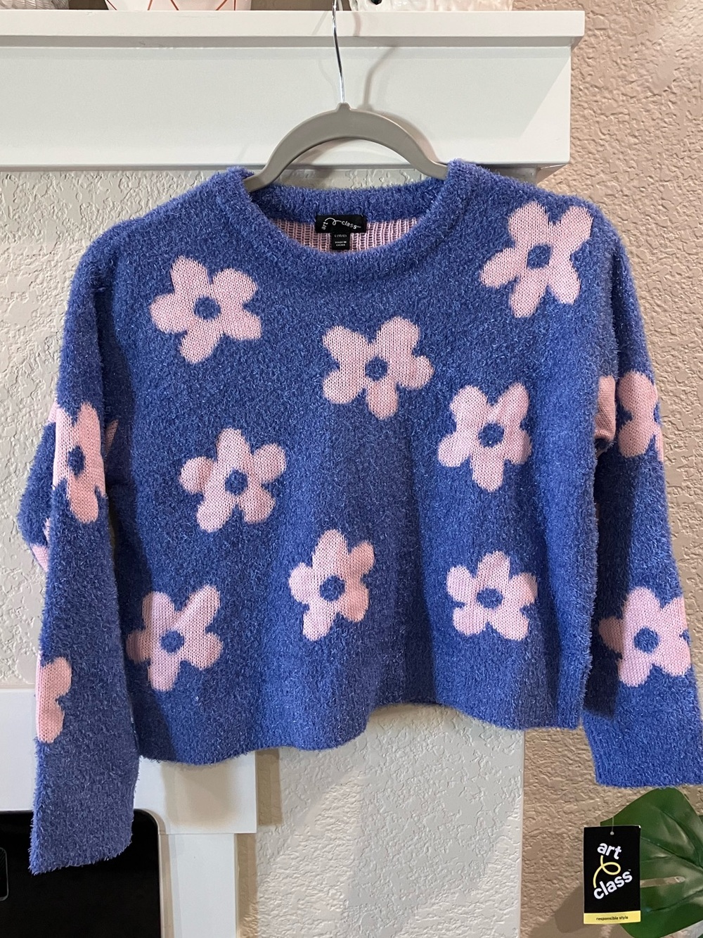 Blue Crewneck Sweater with Pink Floral Pattern
